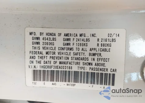 2014 Honda Accord Hybrid from USA, damaged, VIN 1HGCR6F3XEA003188